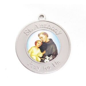 Vintage Saint Anthony pray for us silver toned medal pendant